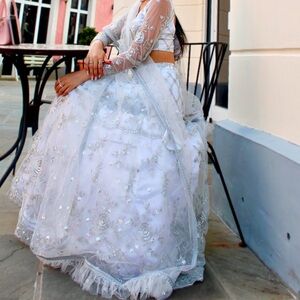 Chic White and Silver Floral Lehenga